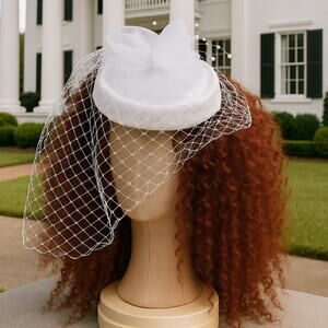 New Vintage White Wedding Pillbox Pearl Bridal Birdcage‎ Hat Netted Veil Elegant